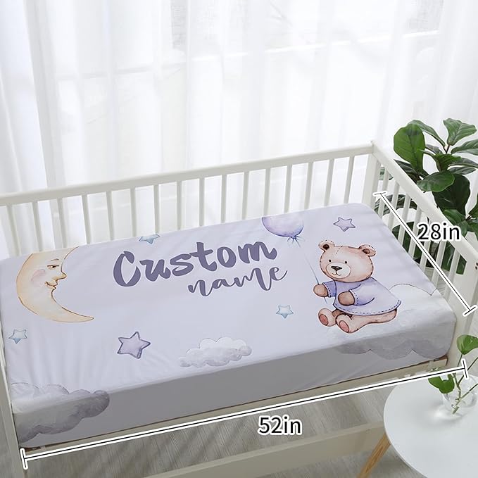 Personalized Baby Crib Bedding Set, Custom Name Nursery Bedding 5-Piece - Baby Blanket Fitted Sheet Changing Pad Cover Rug and Wall Art, Adorable Bear Theme Crib Gift for Boys Girls