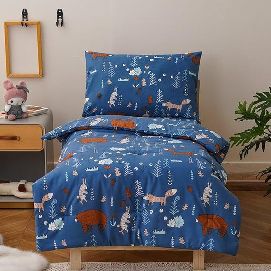 CLOTHKNOW Animal Toddler Bedding Sets for Boys, 4 Pieces Bedding Sets, Navy Blue Bear Cartoon Pattern, Soft Crib Bed Set Including Comforter, Flat Sheet, Fitted Sheet and Pillowcase
