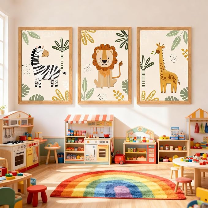 Cute Zebra Lion Giraffe Quote Framed Wall Art Set of 3, 11x16 Boho Educational Animal Wall Sign for Baby Girl Kid Boy Toddlers, Wooden Inspirational Nursery Wall Decor Natural