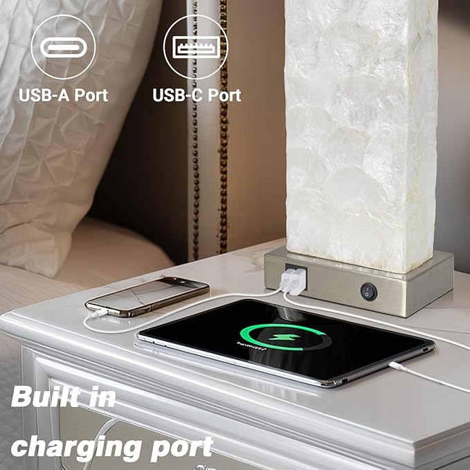 luxeflow 28" Coastal Table Lamps for Living Room Set of 2, Bedside Lamps with Night Light, USB A+C Ports, Modern Sea Shell Bedside Night Stands Light for Beachy Cottage Decor (Silver)