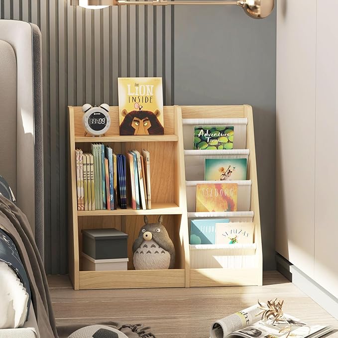 HedoAjim White 3 Tier Kids Bookshelf Toddler Book Rack for Book Toy Storage Organizer Children Bookcase 4 Sling Adjustable Book Display Shelf for Nursery Playroom Kids Baby Bedroom