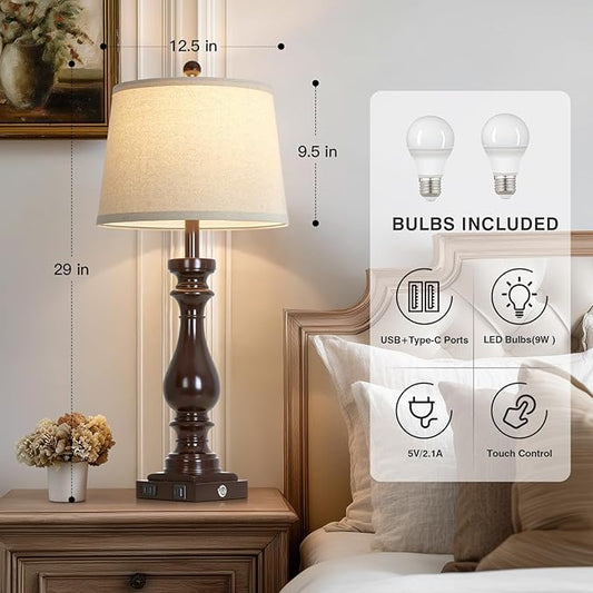 luxeflow 29" Tall Vintage Table Lamps Set of 2,Farmhouse Bedside Lamps with USB C+A Ports & AC Outlet,3-Way Dimmable Touch Lamp for Night Stands Living Room Bedroom,Dark Brown