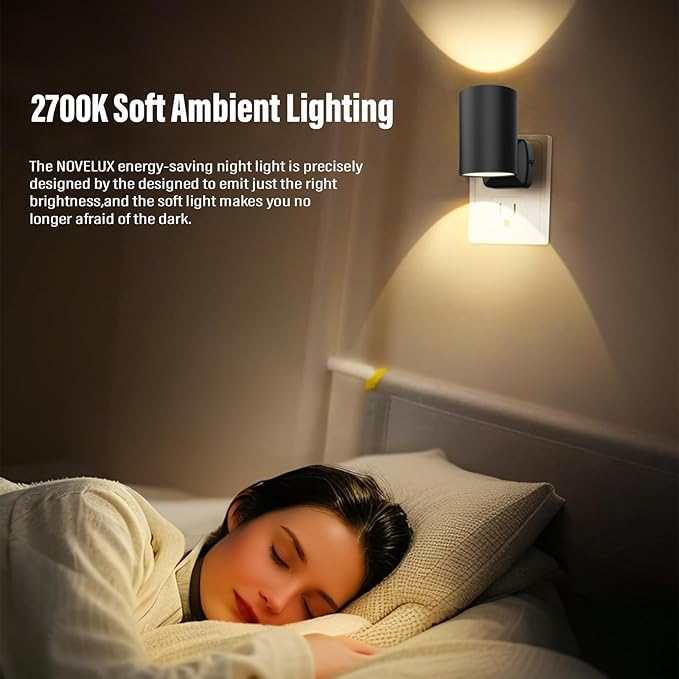 NOVELUX ETL Certified 2700K Night Lights, Modern Night Lights Plug into Wall, Dusk to Dawn Light Sensor Nightlights, Warm White, Adjustable Brightness, Night Light for Kids,Hallway,Stairway, 2 Pack