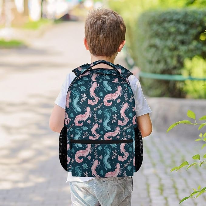 Mercuryelf Axolotl Backpack for Girls Boys, 16 Inch Dark Blue Backpacks for School Travel, Fashion Lightweight Bookbag for Kids