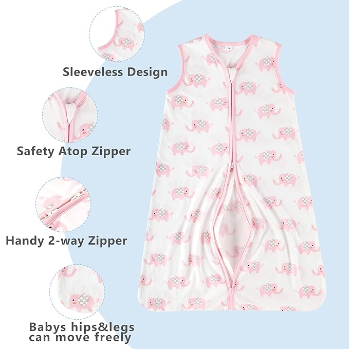 TILLYOU 2 Pack Infant Sleep Sack 0-6 Months 100% Cotton Wearable Blanket 0.5 TOG Sleeveless Summer Sleep Sacks with 2-Way Zipper, Pink Elephant