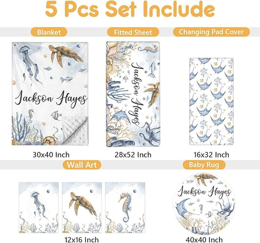 Custom Crib Bedding Set - 5 Pcs Customized Baby Crib Set with Name - Soft Double Layer Marine Animals Nursery Baby Bedding Set for Girls Boys - Personalized for Infant Toddler