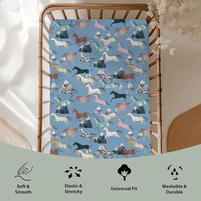 Boho Horses Mountains Baby Crib Sheets for Boy Girl 28"x52" Wild Horses Blossom Soft Snug Fitted Crib Mattress Covers Horse Lovers Nursery Baby Sheet for Standard Crib & Toddler Bed Mattress Blue