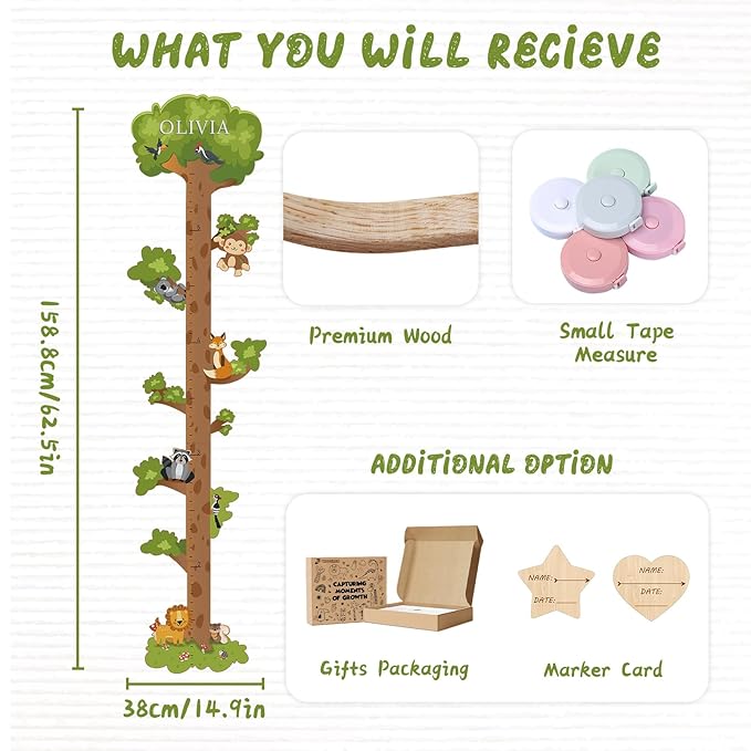 Woodemon Wooden Surfboard Wall Decor Growth Chart,Tree Art Decor for Kids Room, Wood Tree Kids Sizing Chart, Height Board Cute Decor, Nursery Growth Chart Ruler Measuring Board for Boys Girls