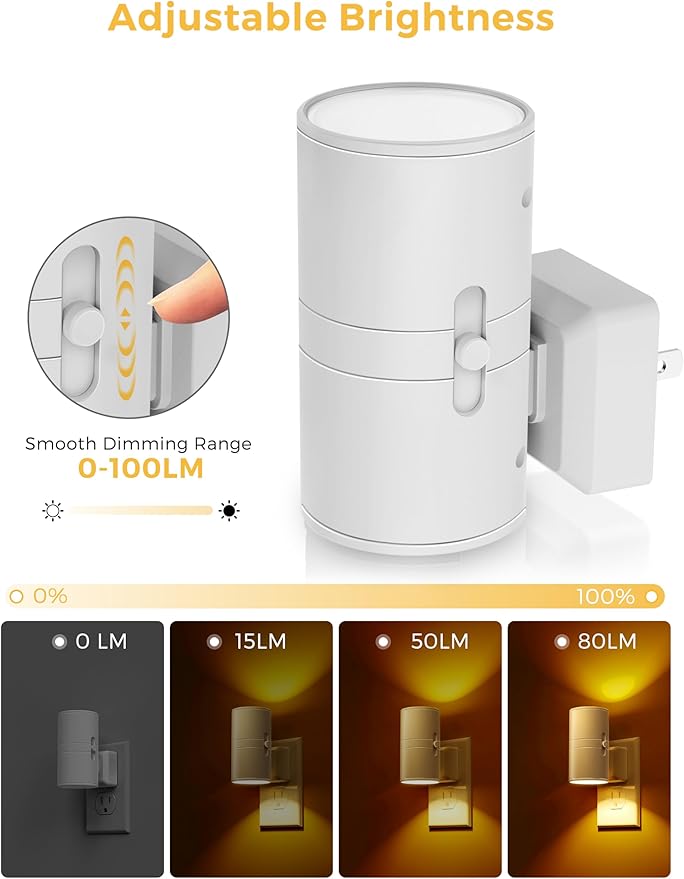 L LOHAS LED Night Light, Amber Nightlight, Dimmable Night Light 100LM, Light Sensor, Yellow Nightlight, Sleep Light for Kids, Soft & Warm Light for Bedroom, Hallway, Bathroom, 2 Pack
