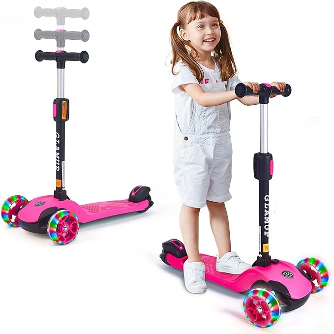 GLAMUP Kids Kick Scooter 3 Wheels, Kids Scooter Height Adjustable Handlebar, Lean-to-Steer System & Easy-Folding Mechanism, Ages 3-14 Boys and Girls