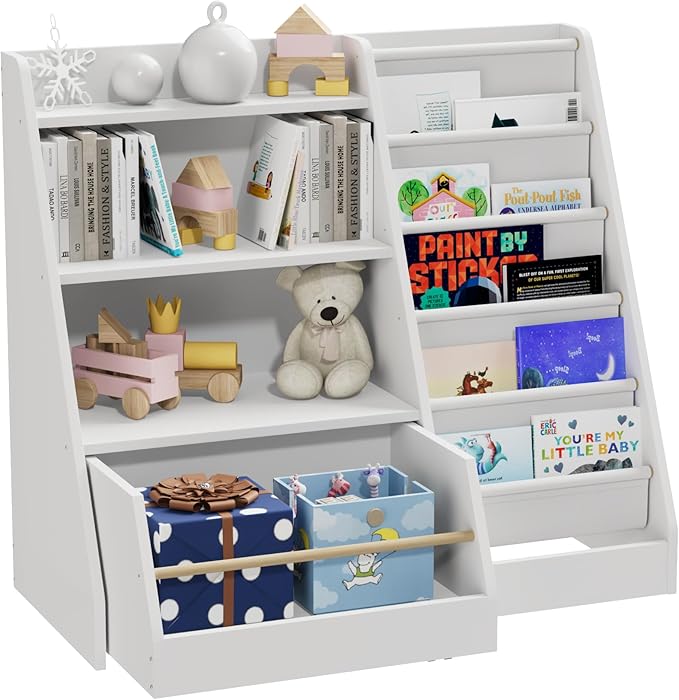 HedoAjim Kids Bookshelf with Toy Storage Organizer Movable Drawer, Toddler Bookcase 5 Sling Child Book Rack 4-Tier Shelf Cabinet Chest with Wheels for Nursery,Playroom,Bedroom,Living Room,Classroom