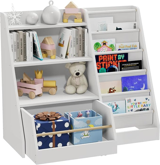 HedoAjim Kids Bookshelf with Toy Storage Organizer Movable Drawer, Toddler Bookcase 5 Sling Child Book Rack 4-Tier Shelf Cabinet Chest with Wheels for Nursery,Playroom,Bedroom,Living Room,Classroom