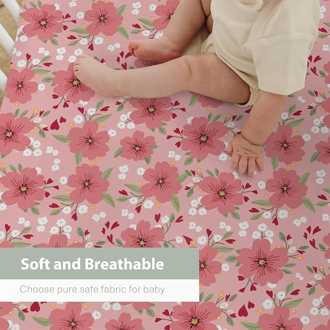 Love Blooms Rose Baby Crib Sheets for Boy Girl 52"x28" Boho Floral Hearts Soft Stretchy Fitted Crib Mattress Cover Spring Summer Blossom Baby Sheet for Standard Crib and Toddler Bed Mattress