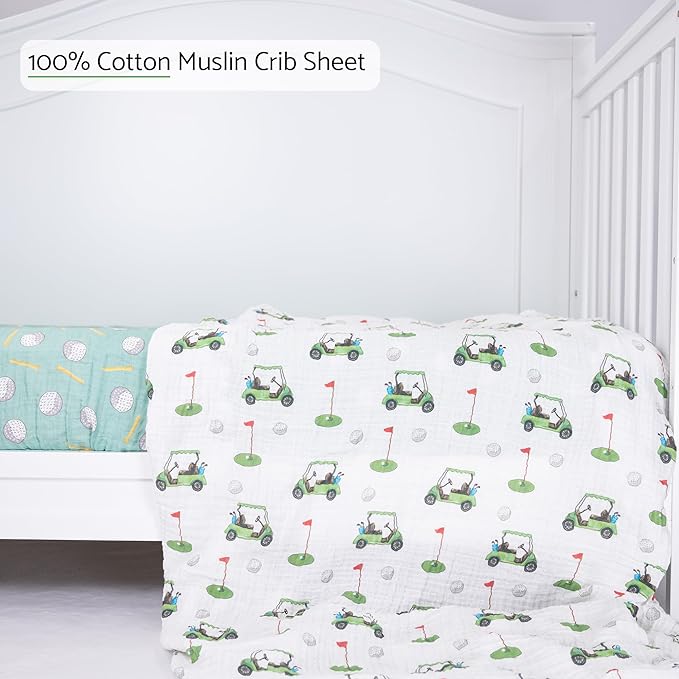 LollyBanks Muslin Crib Sheet 1 Pack, 100% Cotton Neutral Baby Crib Sheet for Standard 52"x28" Mattress, Soft Baby Fitted Sheets for Boys and Girls, Infant Bedding Essentials (Golf Cart Print)