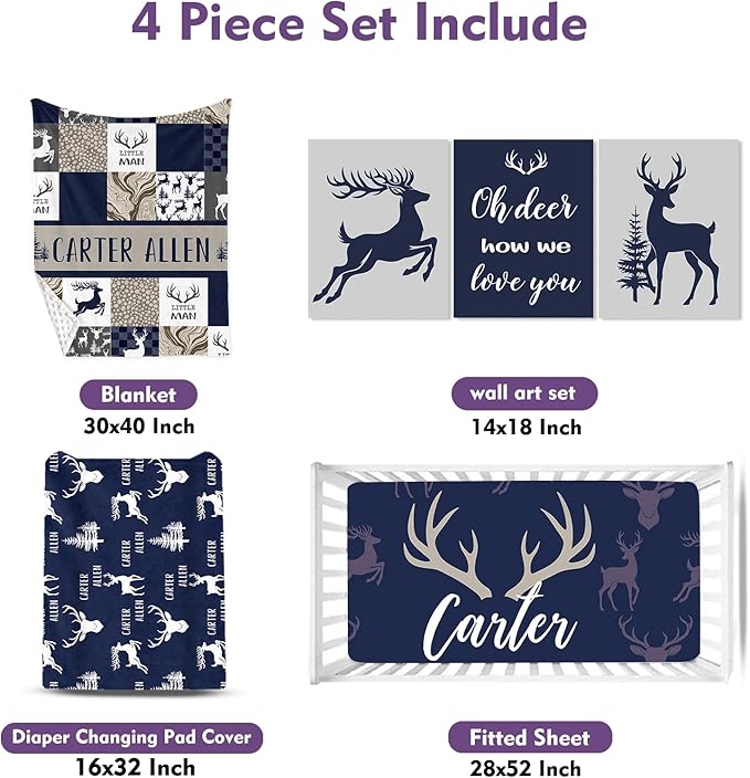 Personalized Baby Crib Bedding Set: 4 Piece Custom Gift Crib Bed Set with Name - Navy Deer Design, Nursery Bedding Set for Baby Girls,Newborn Boys Girls Crib Sets, Crib Bedding Shower Gifts