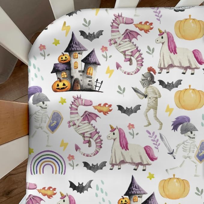 Halloween Fairytale Princess Castle Dragon Baby Crib Sheets Spooky Pumpkin Bats Soft Baby Sheets Gothic Halloween Night Fitted Crib Mattress Cover for Standard Crib Toddler Mattress 52"x28"