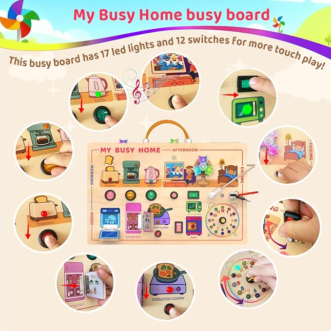 My Busy Home Montessori Busy Board for Toddlers 1-3 - Wooden Sensory Activity Board with Kitchen Appliances, Switches, Clock | Educational Fine Motor Skill Toy for 1+ Year Old Boys Girls