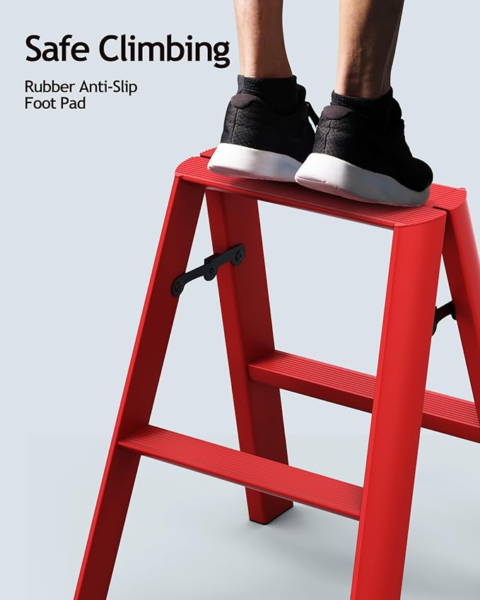 HillhutApex 2 Step Stool, Aluminum Foldable Step Ladder, Lightweight Stable Stool with Non-Slip Pedals, 330lbs Capacity Stylish Ladder for Office,Home,Kitchen -Red