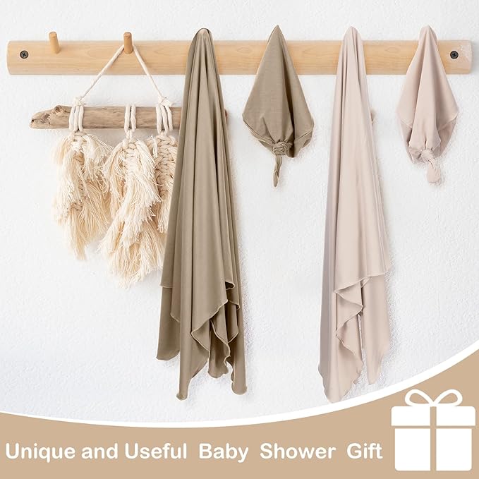 JaGely 2 Pcs Stretchy Baby Swaddle Blankets Set Extra Soft 47" x 47" Baby Newborn Swaddle Blanket and Hat(Apricot, Khaki)