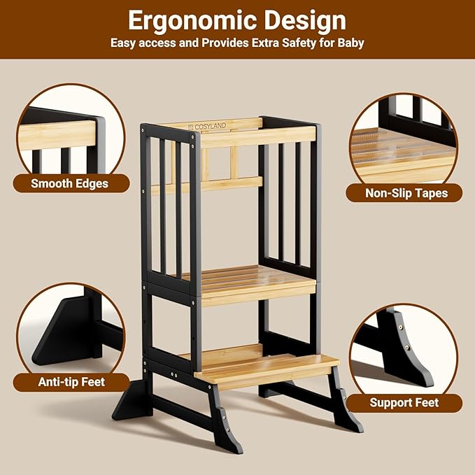 COSYLAND Kitchen Tower for Toddlers with Anti-Tip Support – Lightweight Toddler Kitchen Stool Helper for Bathroom Living Room Dining Room – Solid Bamboo Standing Tower (Natural & Black)