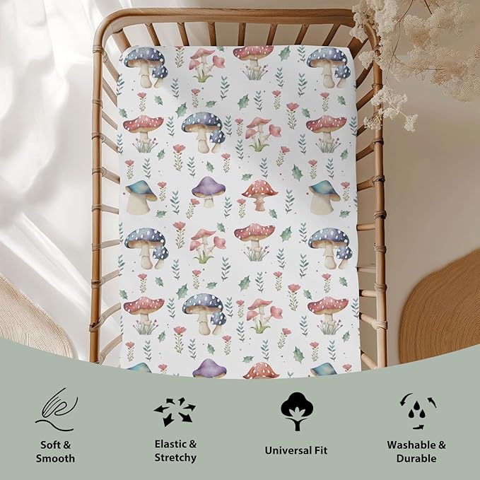 Fairytale Mushroom Baby Crib Sheets for Boy Girl 52x28Inch Colorful Mushrooms Floral Leaves Soft Snug Fitted Crib Mattress Cover Magical Plant Baby Sheet for Standard Crib & Toddler Bed Mattress