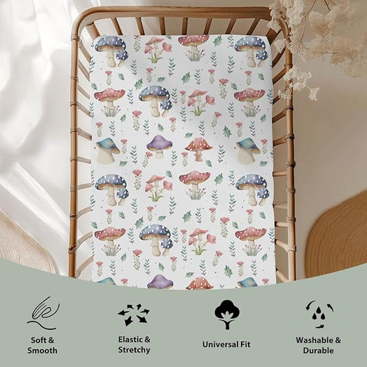 Fairytale Mushroom Baby Crib Sheets for Boy Girl 52x28Inch Colorful Mushrooms Floral Leaves Soft Snug Fitted Crib Mattress Cover Magical Plant Baby Sheet for Standard Crib & Toddler Bed Mattress