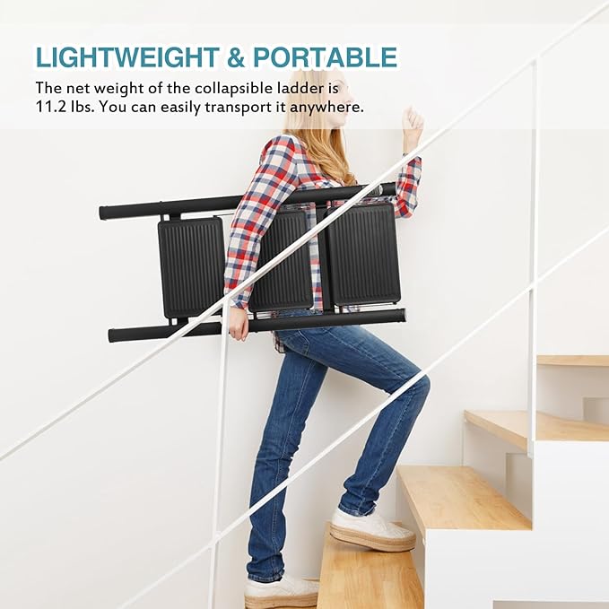 BOCOM 3 Step Ladder, Lightweight Portable Foldable Collapsible Folding Sturdy Iron Metal Step Stool with Anti-Slip Wide Pedal, Heavy Duty 330 lbs Capacity, for Home, Kitchen, Closet, Adults, Black