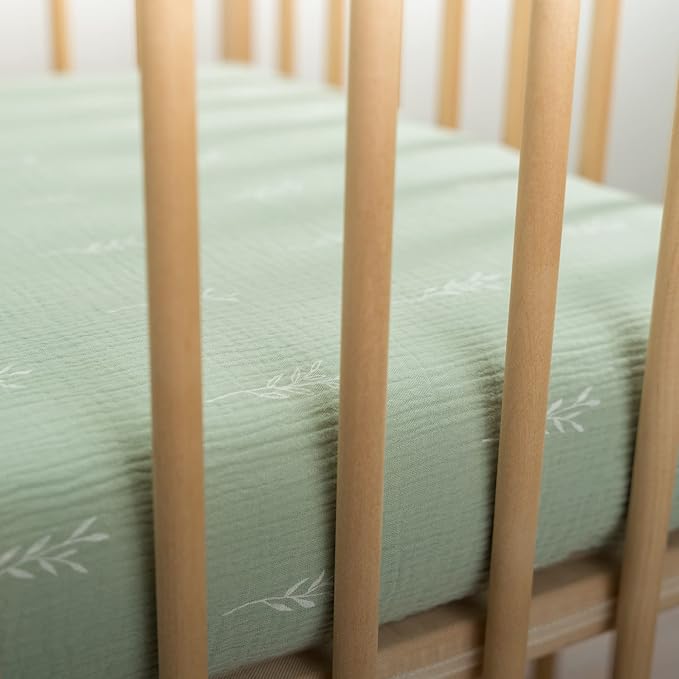 Meracorallo Muslin Fitted Crib Sheet, Soft and Breathable Green Leaf Neutral Baby Crib Sheet for Standard Crib and Toddler Mattresses