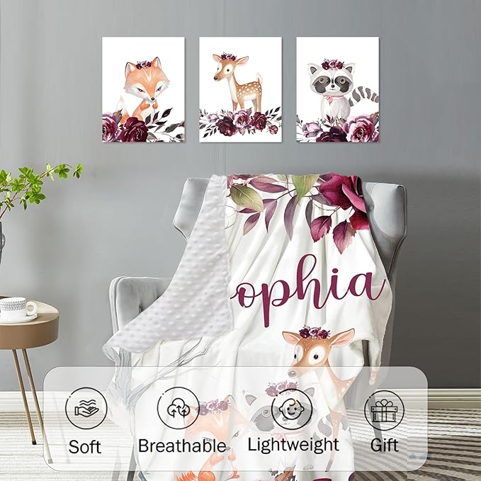 Custom Baby Crib Bedding Set,Personalized Name Rose Animal Pattern Nursery Bed Set 4 Piece,Baby Blanket Fitted Sheet Nursery Rug Wall Art Set,Custom Room Decor Idea Gift for Newborns Boys Girls