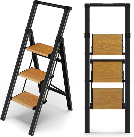 3 Step Ladder Folding Step Stool with Handle, Kitchen Step Stool for Adults, Aluminum Ladders for Home