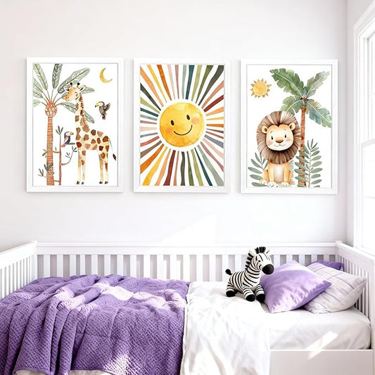 Cute Sun Lion Giraffe Quote Framed Wall Art Set of 4, 11x16 Boho Educational Animal Wall Sign for Baby Girl Kid Boy Toddlers, Wooden Inspirational Nursery Wall Decor Whie