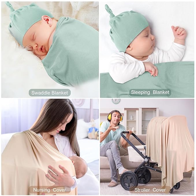 JaGely 2 Pcs Stretchy Baby Swaddle Blankets Set Extra Soft 47" x 47" Baby Newborn Swaddle Blanket and Hat(Green, Apricot)