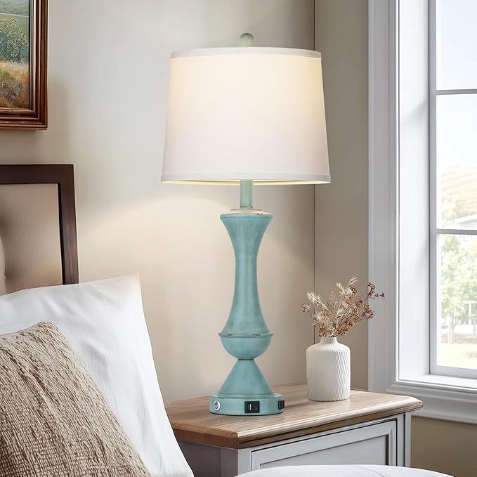 luxeflow 29" Coastal Tall Blue Table Lamps Set of 2 for Living Room, Touch Control Bedroom Lamps for Nightstand, 3-Way Dimmable Bedside Lamp with USB A+C Ports & AC Outlets (2 LED Bulbs Included)