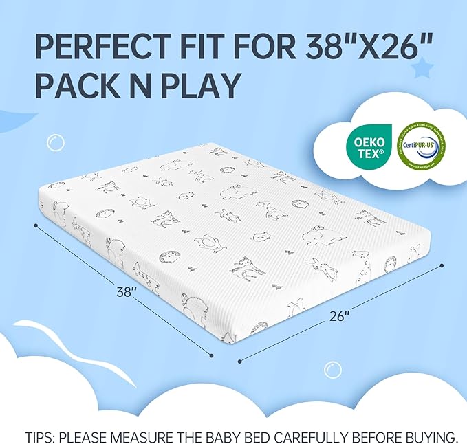 Pack and Play Mattress Pad, 38"x26" Dual-Sided Firmness Memory Foam Pack N Play Mattresses, Portable Baby Thick Mattress for Pack n Play with Removable Animal Cover