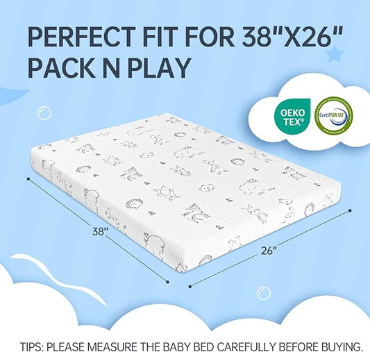 Pack and Play Mattress Pad, 38"x26" Dual-Sided Firmness Memory Foam Pack N Play Mattresses, Portable Baby Thick Mattress for Pack n Play with Removable Animal Cover