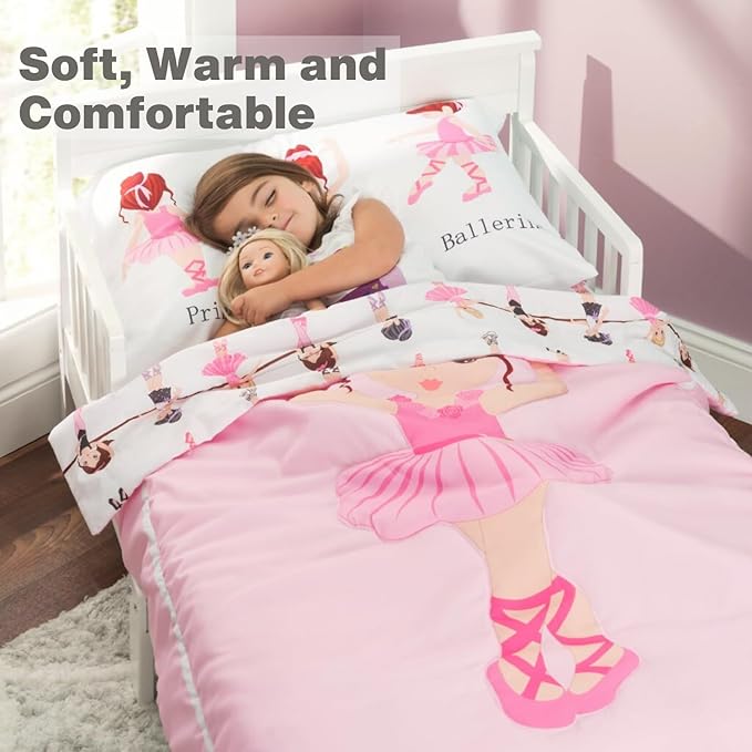 EVERYDAY KIDS 4 Piece Toddler Bedding Set -Born to Dance Ballerina- Includes Comforter, Flat Sheet, Fitted Sheet and Reversible Pillowcase