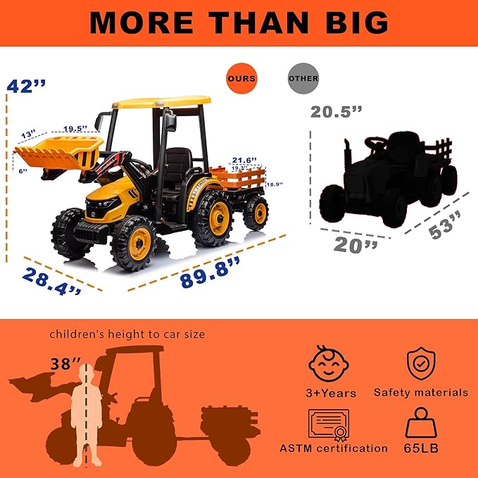 Kidsera 24V Kids Ride on Tractor with Trailer & Front Loader, 3 In1 Tractor 4-Gearbox 24volt Dual Motors Metal Frame, 24V Ride on Toys for Big Kids, Power Wheels Kids Electric Vehicles (Yellow)
