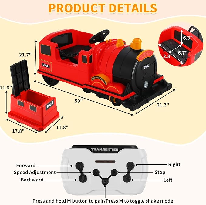 TLSUNNY Ride On Train Trackless, 12V Kids Battery Electric Train with 2-Seater，Detachable Carriage, Extra Storage, Colorful Lights & Music, Toddlers Car Toy for Boys & Girls Age 3+ (Red)