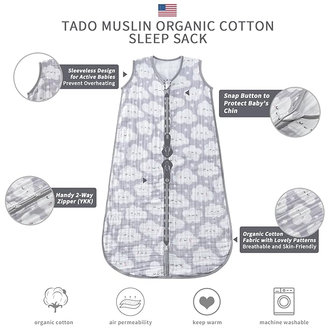 Baby Sleep Sack 2-4 T Baby Wearable Blanket 100% Organic Cotton 0.5 TOG Toddler Sleep Sacks 2- Way Zipper Soft 4 Layers Muslin 2T 3T 4T Cloud
