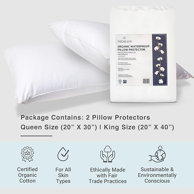 FABDREAMS Organic Waterproof Pillow Protector Set Queen Size | Pillow Cover Set of 2 | Pillow Encasement Set of 2 | Temperature Regulating | Breathable | Queen | 20” X 30” | White