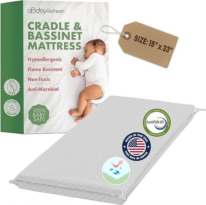 Cradle Baby Mattress and Bassinet Mattress 15x33 – 2-Inch Firm Foam Baby Bed with Waterproof Vinyl Cover – Non-Toxic Hypoallergenic Cushion Pad Replacement for Infant Bed (Multiple Standard Sizes)