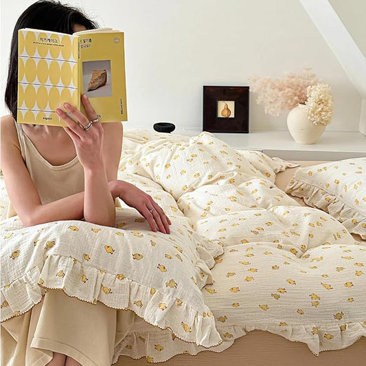BuLuTu Cute Yellow Duck Print Duvet Cover Twin for Kids Toddler Girls Boys 100% Cotton Muslin Quilt Cover Twin, 68"x86", Ruffled Bedding Soft Breathable, Zipper Closure, No Pillowcase