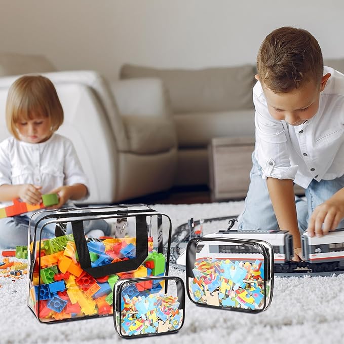 18 Packs Toy Storage Bags with Labels, Clear PVC Puzzle Storage Bags, Waterproof Travel Toy Organizer Bags with Zipper for Building Blocks Kids Books (3 Size)