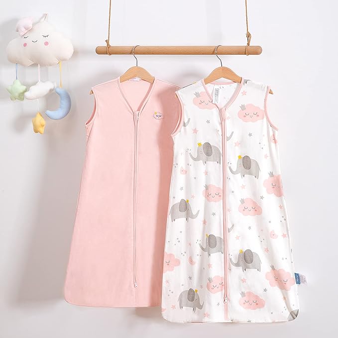 TILLYOU 2 Pack Baby Sleep Sack 12-18 Months 100% Cotton Wearable Blanket 0.5 TOG Sleeveless Summer Sleep Sacks with 2-Way Zipper, Pink Elephant & Cloud