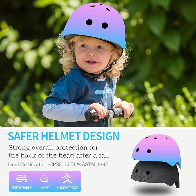 Adjustable Gradient Color Kids/Toddler Bike Helmet for 1-2-3-5-8-14 Years Boys Girls,Skateboard Helmet with Knee and Elbow Pads Wrist Guard Roller Skates,Cycling,Skating Scooter Longboard