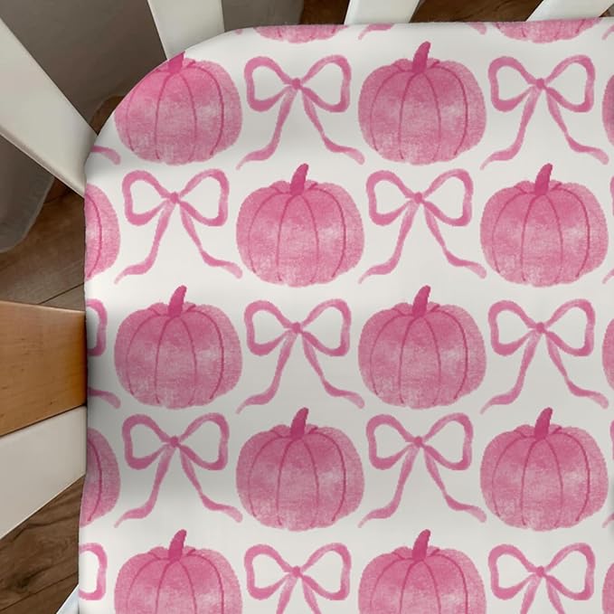 Fall Pumpkins Pink Bows Baby Crib Sheets Vintage Autumn Pumpkins Baby Sheet Thanksgiving Harvest Fitted Crib Mattress Cover for Standard Crib and Toddler Mattress 28"x52"