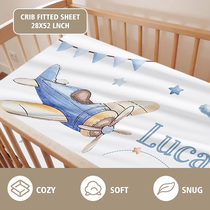 Custom Name Crib Bedding Set 3-Piece – Toy Airplane Design Baby Bedding Set with Personalized Soft Blanket, Fitted Sheet, Changing Pad Cover – Ideal Newborn Gift for Boys and Girls
