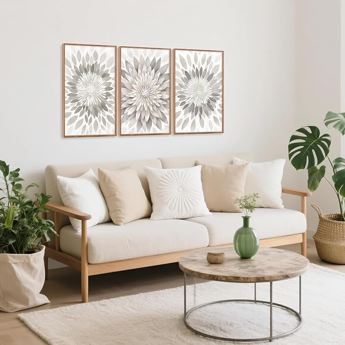 CHDITB Modern Floral Burst Framed Canvas Wall Art Set, Nature Flower Petal Wall Decor, Neutral Beige And Gray Botanical Painting, Contemporary Art Prints For Living Room Bedroom Office-16 x24 x3