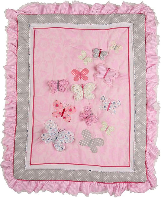 5 PCs Cotton Pink Embroidery Butterfly Nursery Crib Bedding Set Heavy Duty Cotton Butterfly Themed Baby Girl Cot Bedding Set Quilt /Fitted Sheet x 2/ Diaper Storage Bag /Window Valance , 28 X 52