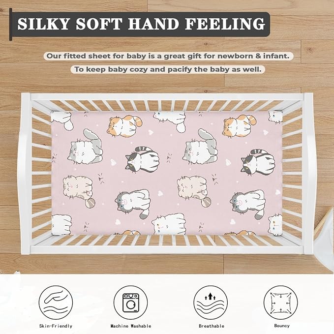 Cartoon Cat Fitted Crib Sheet Pink Cat Baby Crib Sheet Fit Standard Crib and Toddler Mattress,Crib Mattress Sheets for Boys Girls 28"x52"